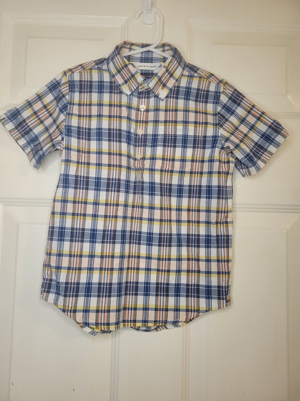 Janie and Jack Boys' Short-Sleeve Plaid Button-Down Shirt - Navy/Yellow/Pink - Picture 4 of 6